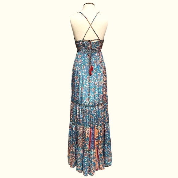 RAGA Maxi Tiered Floral Dress SZ M Somewhere in Paradise Turquoise Boho Festival - Picture 11 of 15